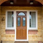 a brown front door.