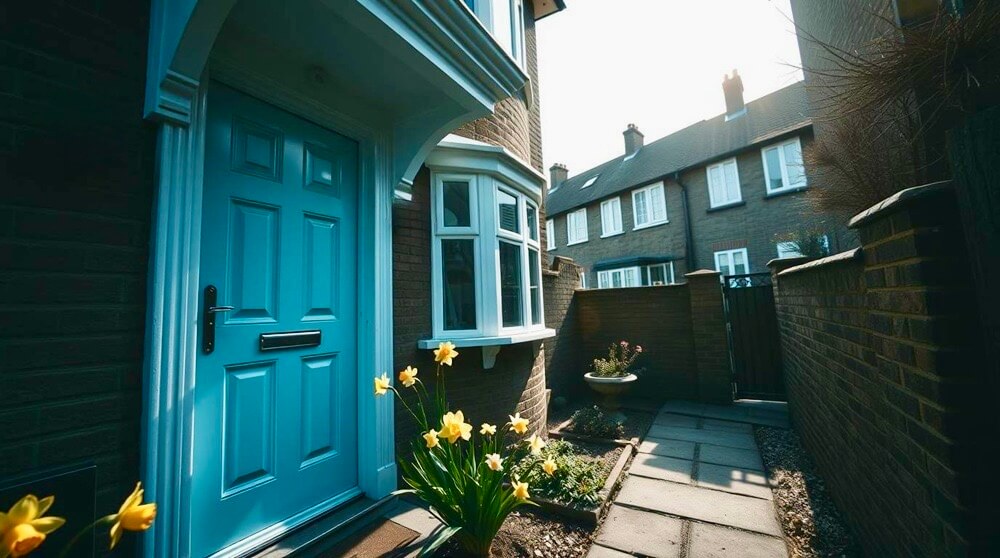 A pastel blue composite front door with symmetrical panels and chrome fixtures on a modern British home, framed by blooming spring flowers. This image showcases Vista Panels' stylish and durable composite doors, ideal for enhancing a home’s entrance.