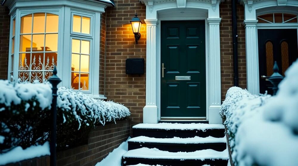 A traditional British townhouse with a dark green composite door, surrounded by snow, with warm light glowing from the windows. This image reflects the security and energy efficiency of Vista Panels' composite doors, perfect for winter conditions.