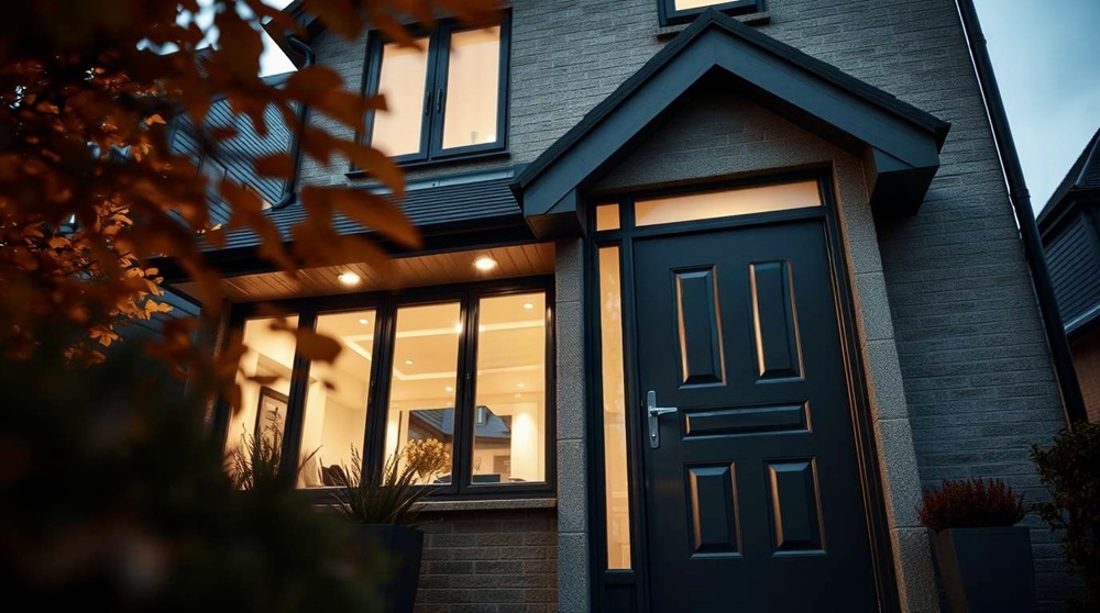 Anthracite grey composite front door with symmetrical panels and a chrome handle on a modern UK home, highlighting security, durability, and contemporary design. This image reflects Vista Panels' high-quality composite doors, aligning with the page content on secure and energy-efficient door solutions.